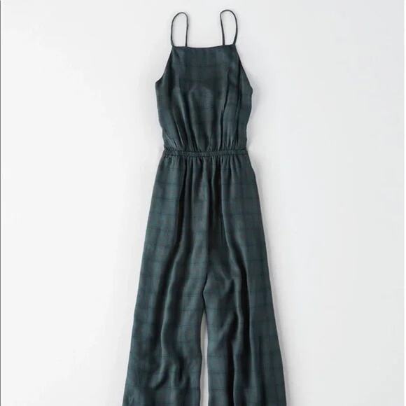 American Eagle Plaid Green Wide Leg Jumpsuit XS Vintage Y2K Christmas Academia - Picture 3 of 12